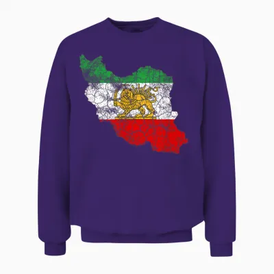 Iran Map with Lion and Sun Emblem, Vintage Persian Heritage Unisex Sweatshirt - Purple