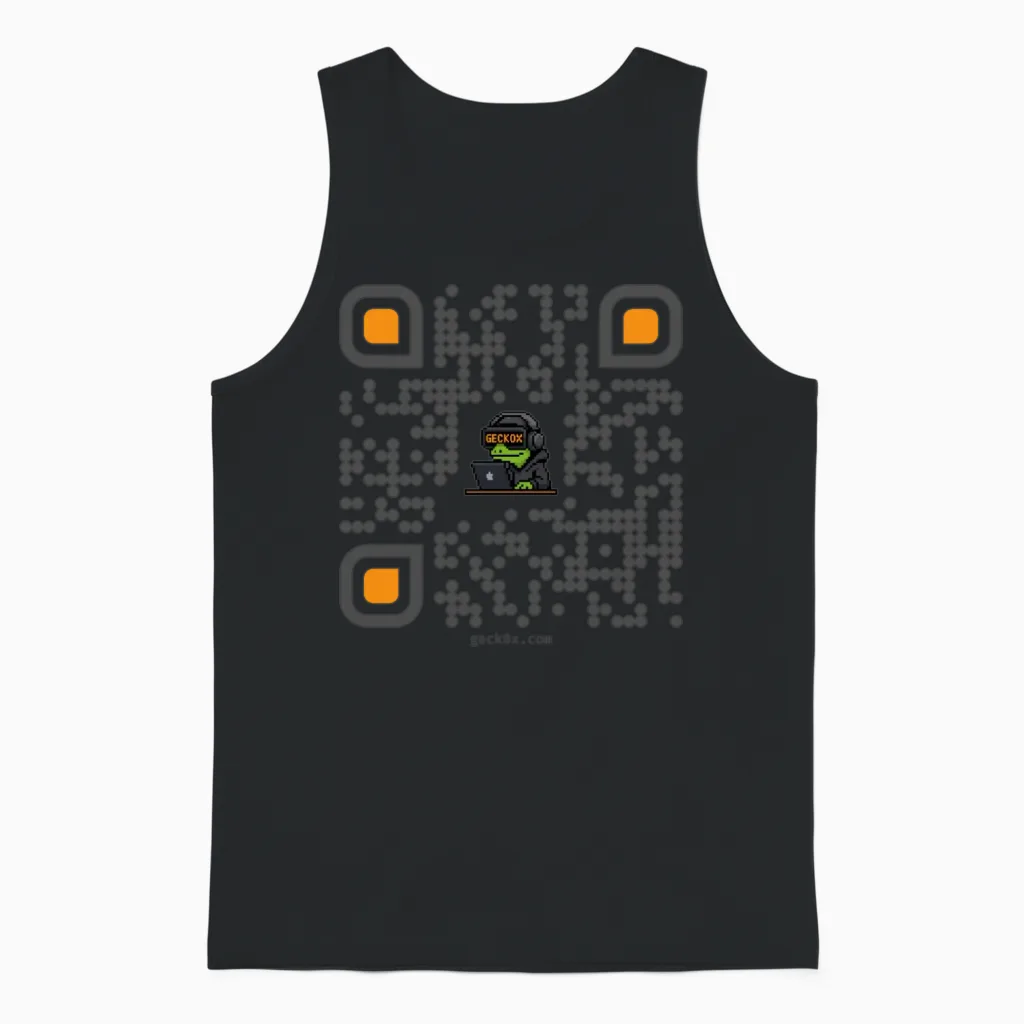 Decentralized Intel: Scannable Geck0x.com Qr Code Unisex Tank Top in Black