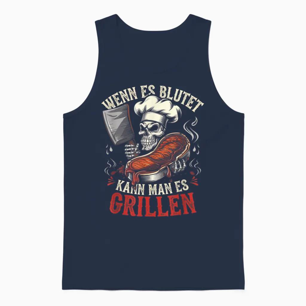 T-Shirt with German Text "wenn Es Blutet Kann Man Es Grillen, Black Unisex Tank Top in Navy