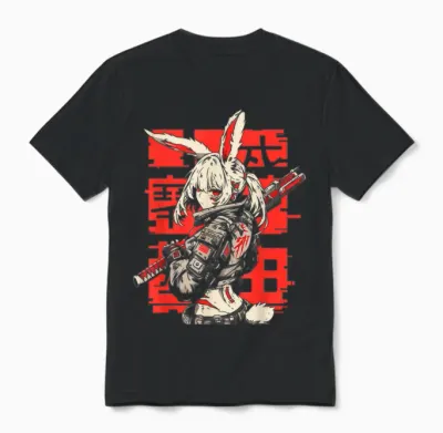 Anime Manga Cyberpunk Aesthetic Techwear Harajuku Bunny Girl T-Shirt, Black Unisex T-Shirt - Black