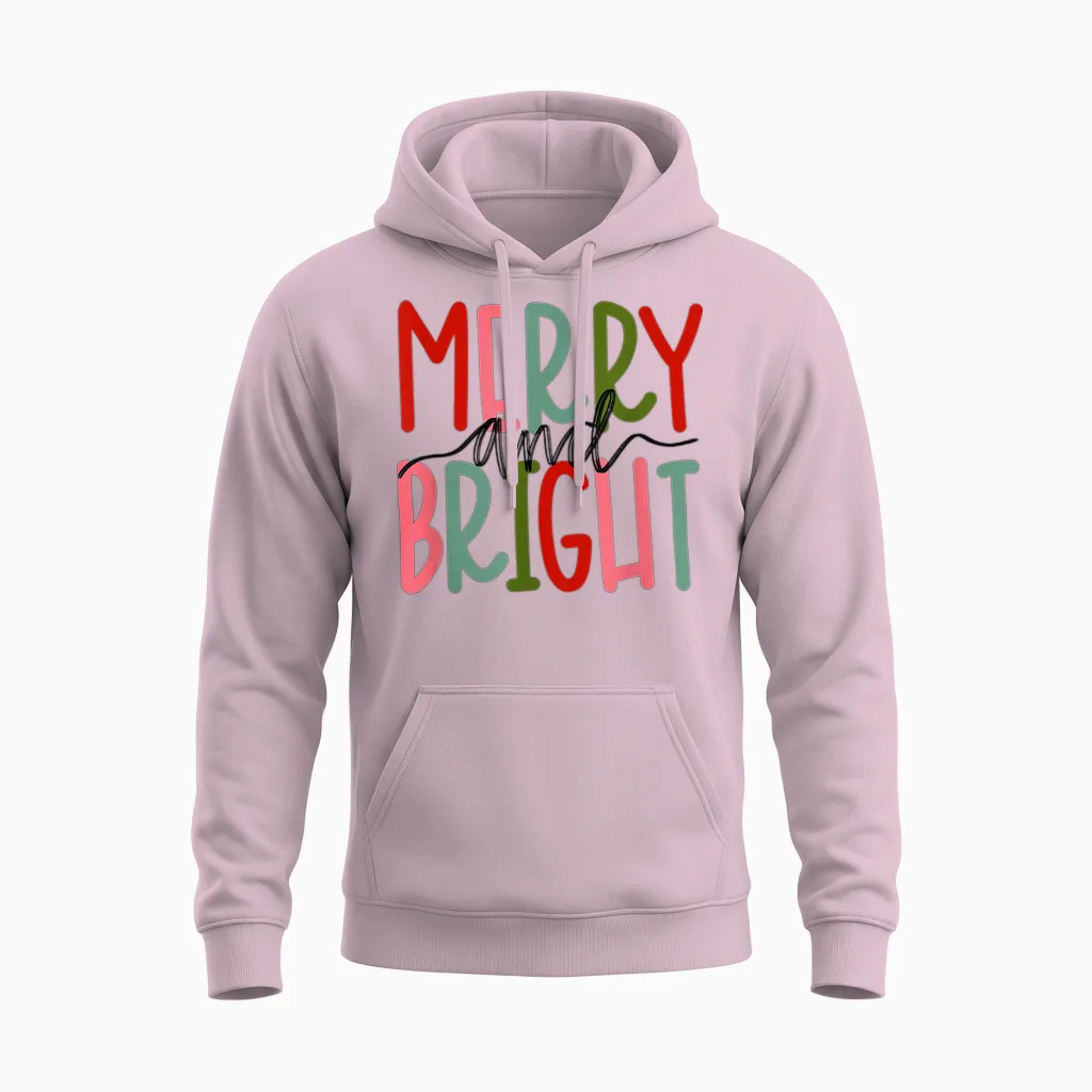 Merry and Bright Christmas Women Girls Kids Toddlers Cute Unisex Hoodie in Light Pink