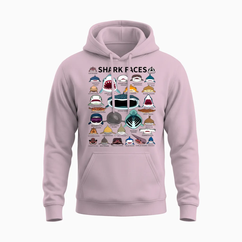 Shark Faces - Type of Shark - Shark Faces of All Kinds Unisex Hoodie in Light Pink