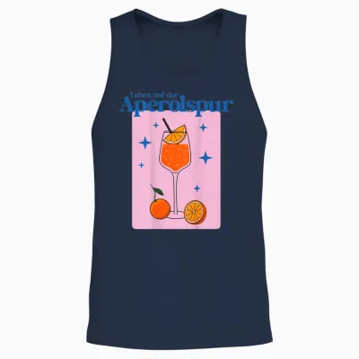 T-Shirt with German Text "leben Auf Der Aperolspur - Hallöchen Aperölchen Spritz Stars", White Unisex Tank Top - Navy