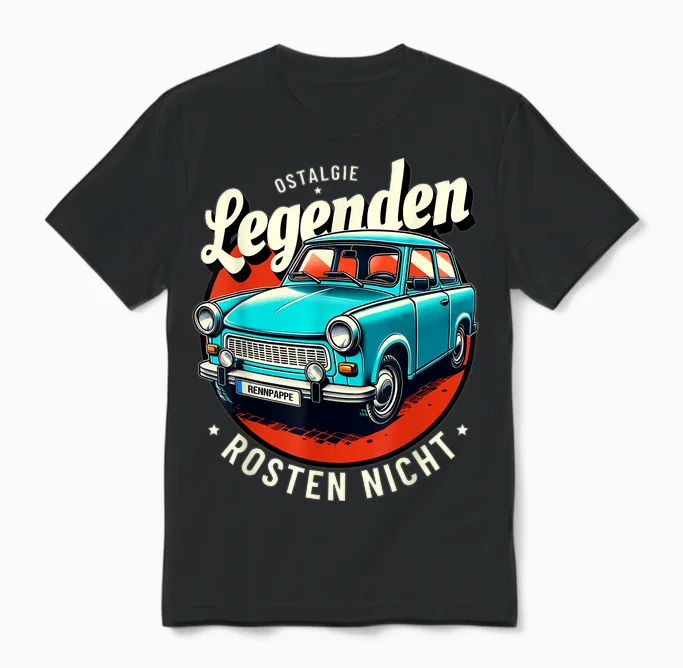 Classic Trabi T-Shirt with "legends Don't Rust", Black, S Unisex T-Shirt in Black