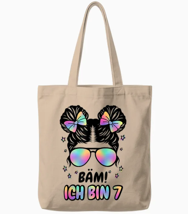7. Geburtstag Mädchen Messy Bun Bäm! Ich Bin Sieben Tote Bags in Natural
