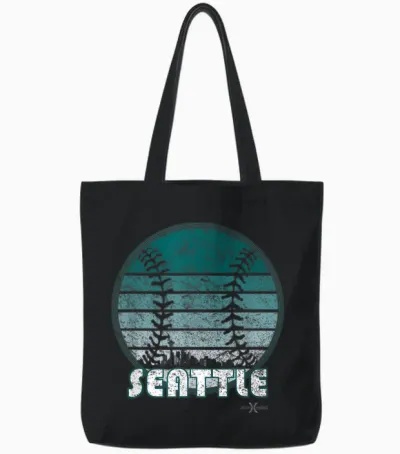 Vintage Seattle Baseball Sunset with Retro City Skyline Tote Bags - Black