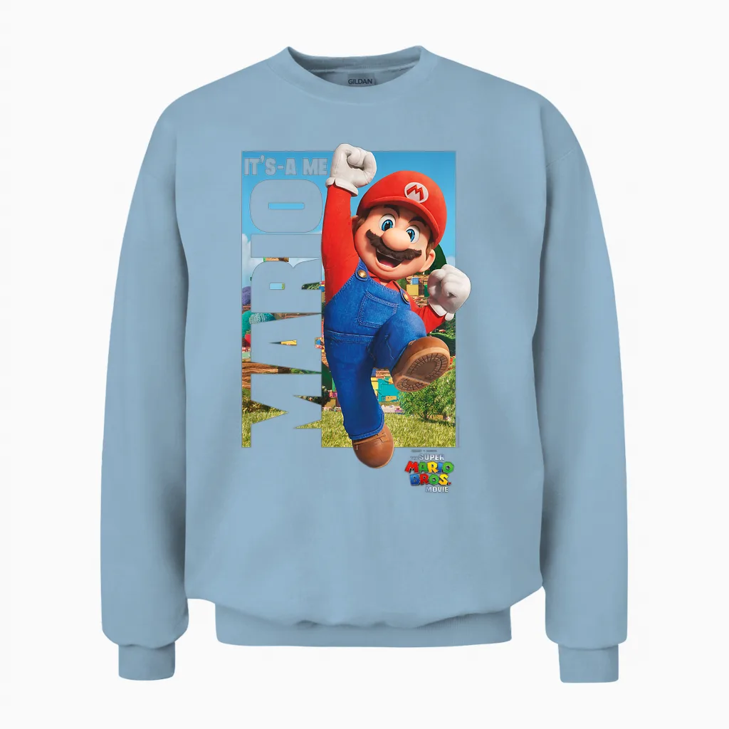 The Super Mario Bros. Movie It's-A Me Mario Poster T-Shirt, White Unisex Sweatshirt in Light Blue