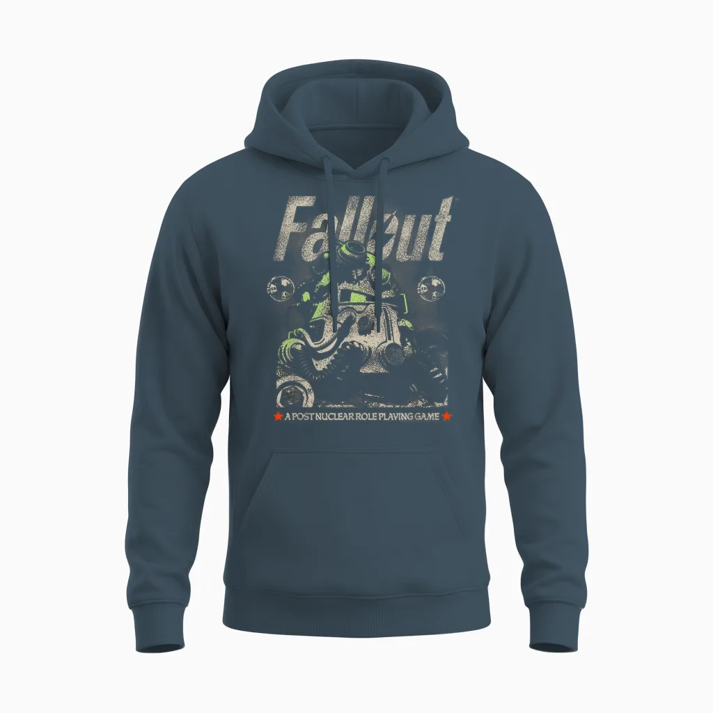 Fallout Video Game Distressed Character Portrait Unisex Hoodie in Dark Heather