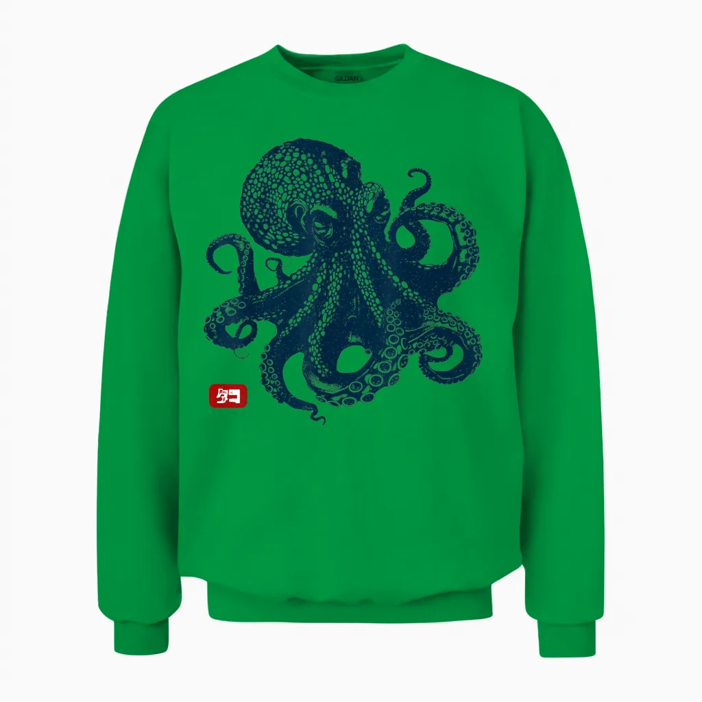 Octopus Vintage Japanese Aesthetic T-Shirt, Grey, S Unisex Sweatshirt in Irish Green