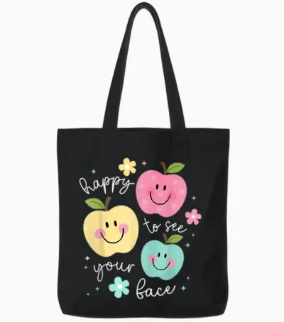 Happy to See Your Face Groovy Apple Smile Face Teacher Tote Bags - Black