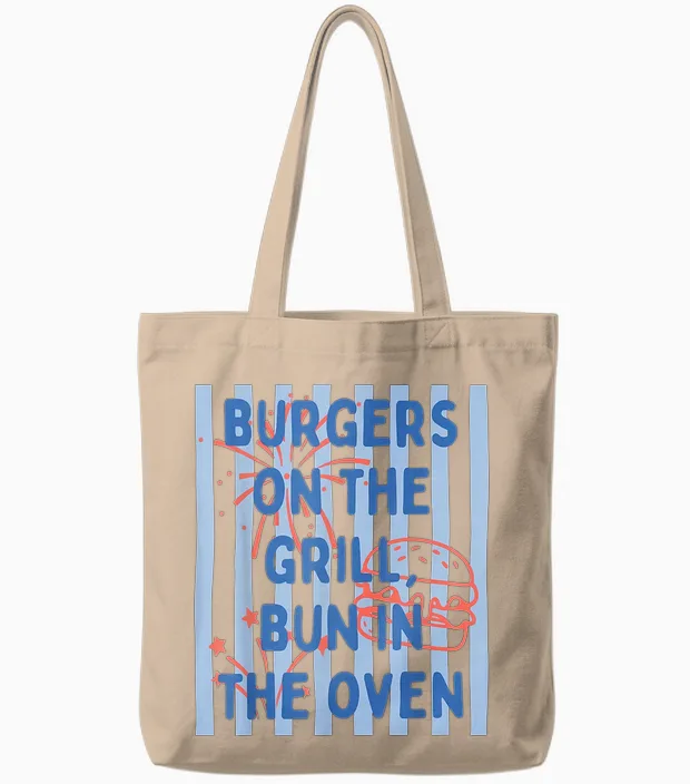 Burgers on the Grill Bun in the Oven Announcement Tote Bags in Natural