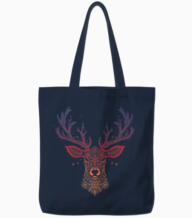 Prismatic Mandala Deer Wildlife Gift Tote Bags in Navy