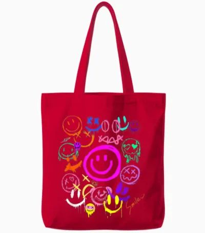 Smile Face Emoticons Fun Vivid Graffiti Smiley Face Graphic T-Shirt, Black, S Tote Bags - Red