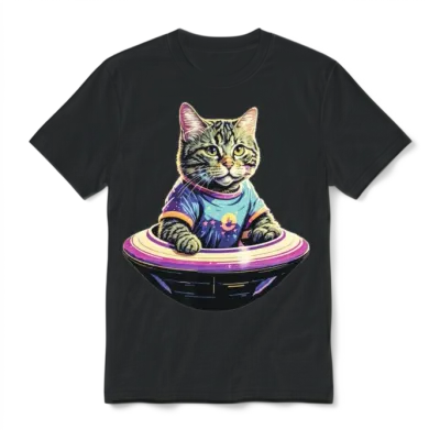 Retro Ufo Cat Unisex T-Shirt - Black