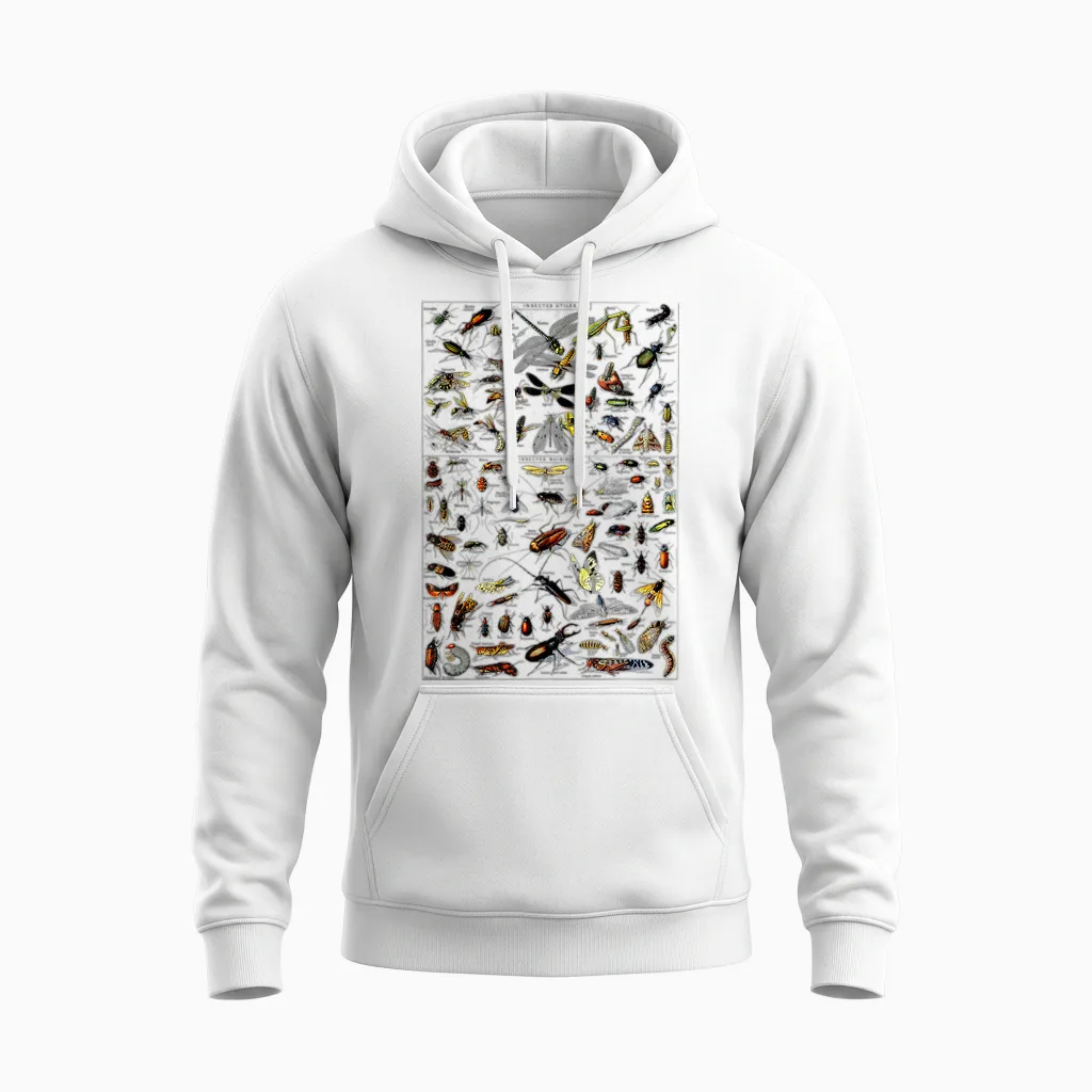 Insects Collection Species Bugs Vintage Chart Entomologie Unisex Hoodie in White