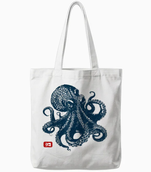 Octopus Vintage Japanese Aesthetic T-Shirt, Grey, S Tote Bags in White