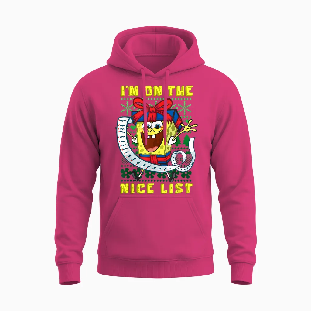 Mademark X Spongebob Squarepants - Spongebob Christmas I'm on the Nice List of Santa Boys Girls Unisex Hoodie in Heliconia