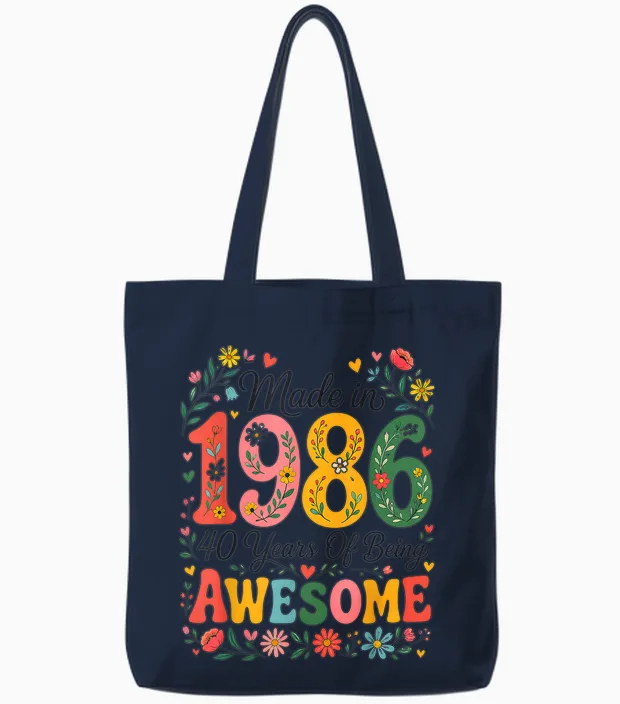 40 Year Old Made in 1986 Retro Floral 40th Birthday Women Tote Bags in Navy