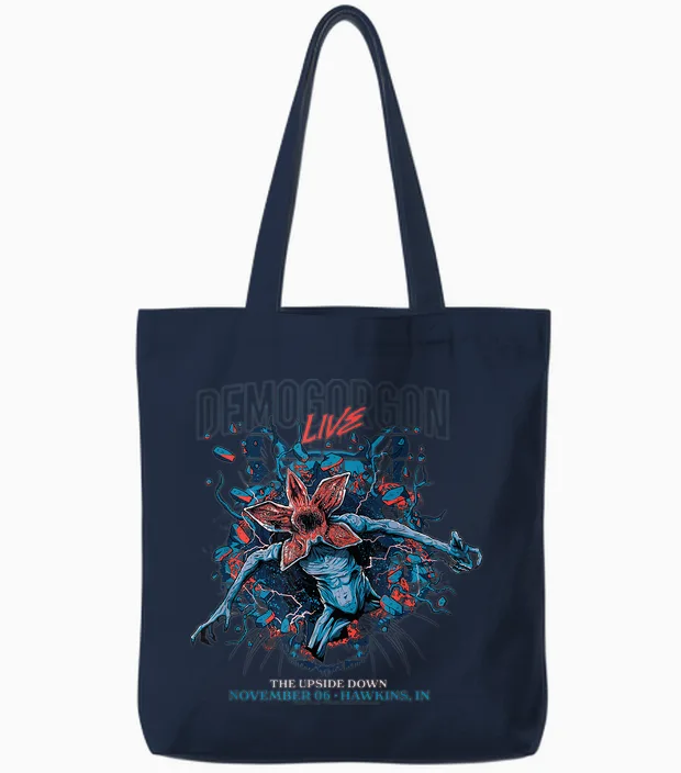 Stranger Things : Demogorgon Live the Upside Down T-Shirt, Black, S Tote Bags in Navy