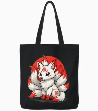 Kitsune Laughing Japanese Fox Nine-Tailed Anime Manga Tote Bags - Black