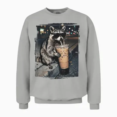 Raccoon Drinking Iced Coffee Funny Animal Meme Men Women Unisex Sweatshirt - Ash