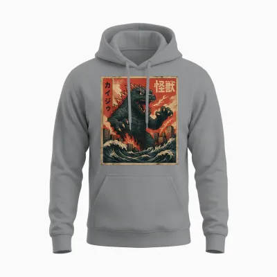 Kaiju Vintage Japanese Anime Art Retro Graphic Unisex Hoodie - Sport Grey