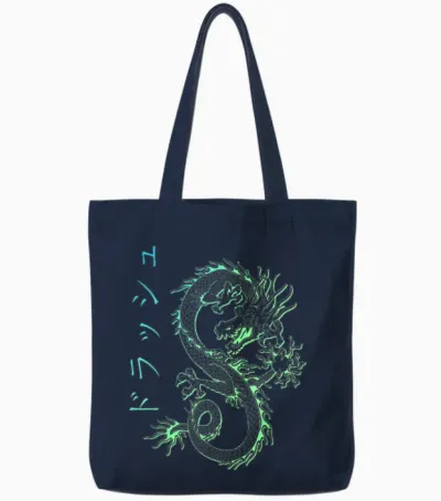 Asian E-Girl Aesthetic Retro E-Boy Kanji Japan Dragon Tote Bags - Navy