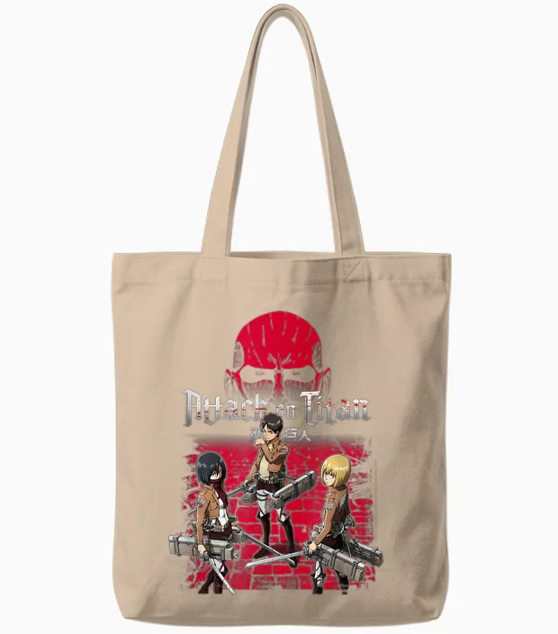 Attack on Titan 3 Main Characters Red Background Anime Tote Bags in Natural