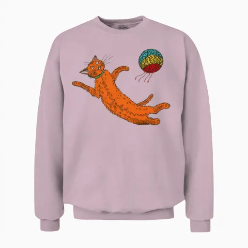 Chasing the Sack – Orange Cat Hacky Sack Unisex Sweatshirt in Light Pink