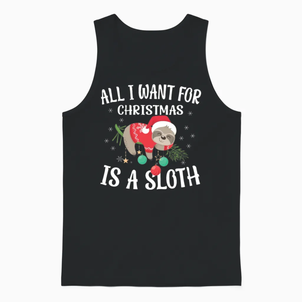 Christmas Funny Sloth Unisex Tank Top in Black