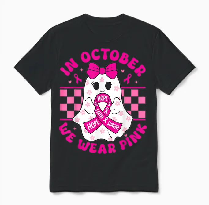 Spooky Halloween Ghost Pink Breast Cancer Awareness 2025 Unisex T-Shirt in Black