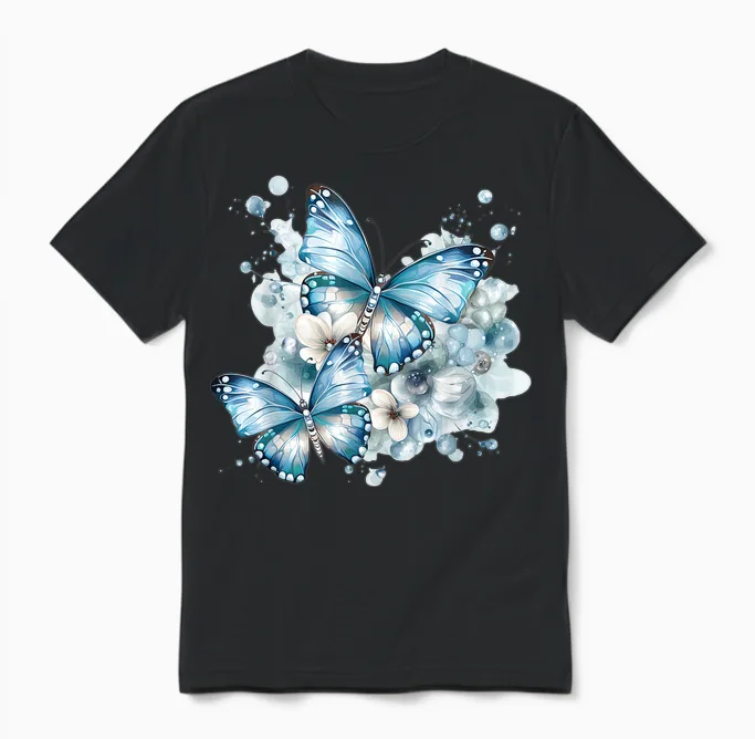 Schmetterlinge Mit Blumen in Blau Schmetterlinge Für Damen Unisex T-Shirt in Black