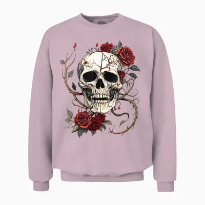Tête De Mort Roses Rouges Baroque Gothique Vintage Tattoo Unisex Sweatshirt - Light Pink