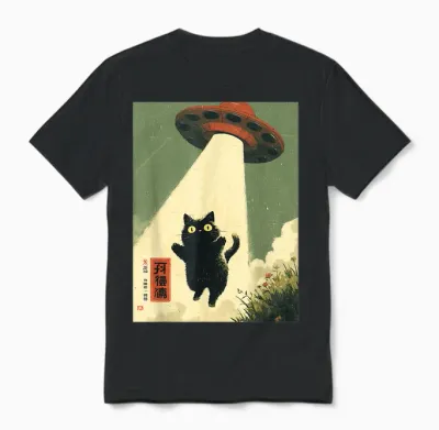 Vintage Japanese Cat Alien Cat Dad Ufo Abduction Graphic Unisex T-Shirt - Black