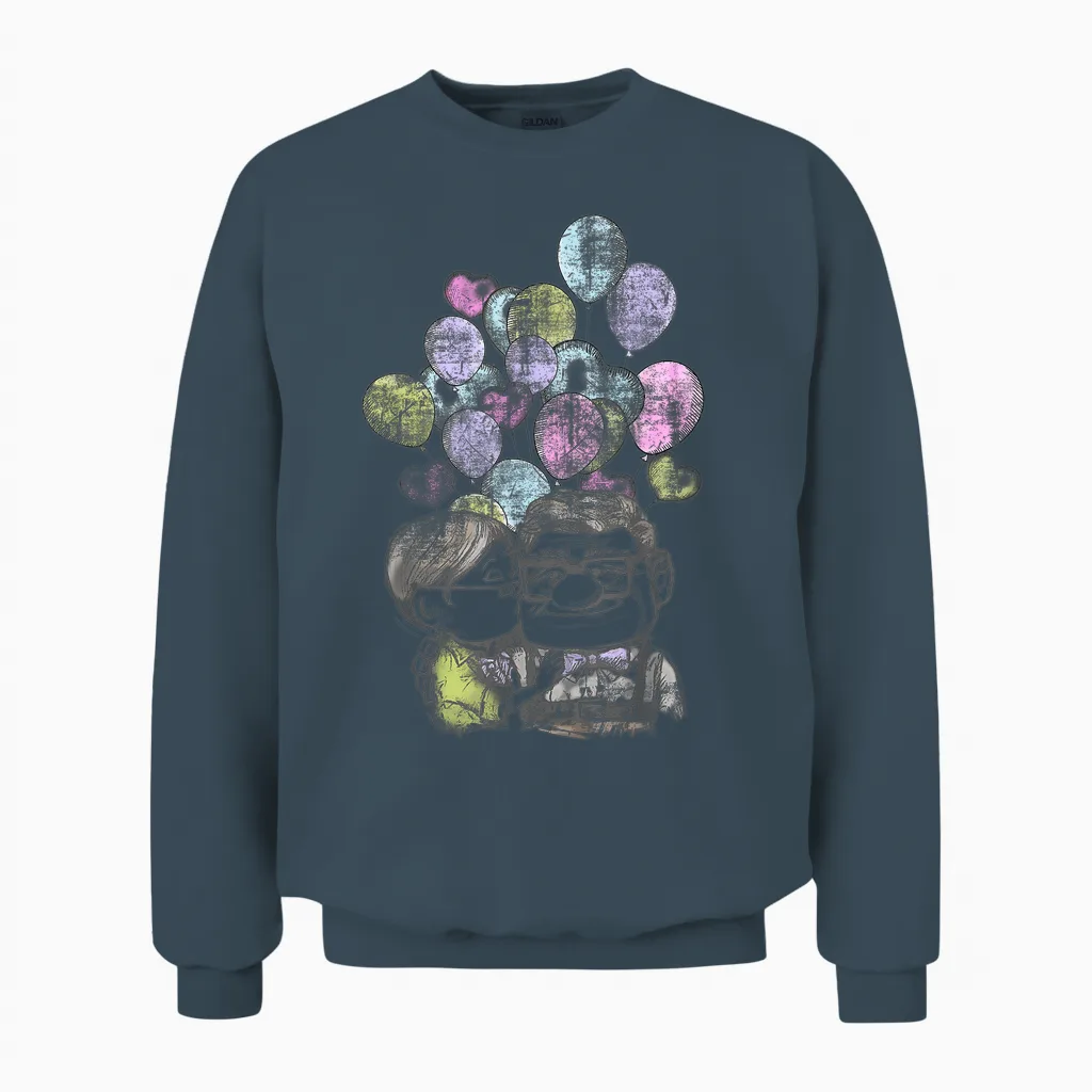 Portrait of Carl and Ellie with Heart Balloons Disney Pixar Up T-Shirt, White, S Unisex Sweatshirt in Dark Heather