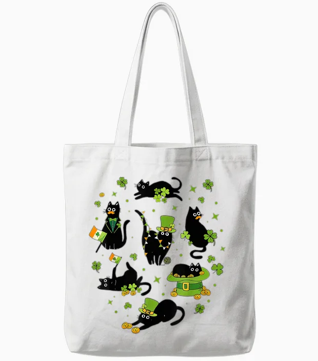 St Patricks Day Black Cat with Shamrock Irish Matching Tote Bags in White