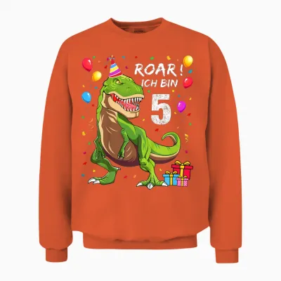Children's Birthday Shirt 5 Years Boy Dinosaur Dino I Am 5 T-Shirt, Black Unisex Sweatshirt - Orange