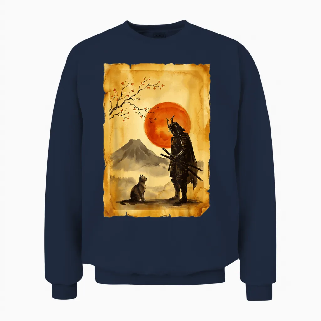 Chat Japonais Bushido Zen Mountain Artistic Japon Samourai Unisex Sweatshirt in Navy