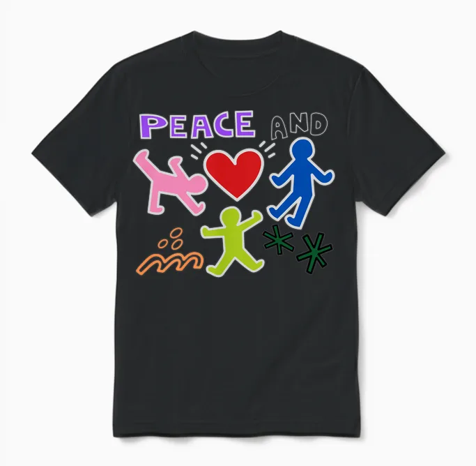Keith Graffiti Peace and Love Art Cartoon Gift Unisex T-Shirt in Black