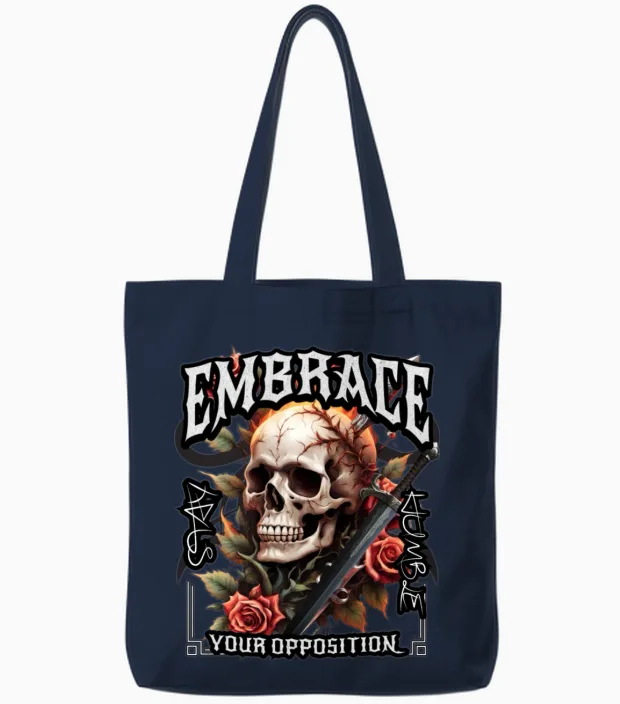 'embrace Your Opposition, Stay Humble' Skull Rose Tote Bags in Navy