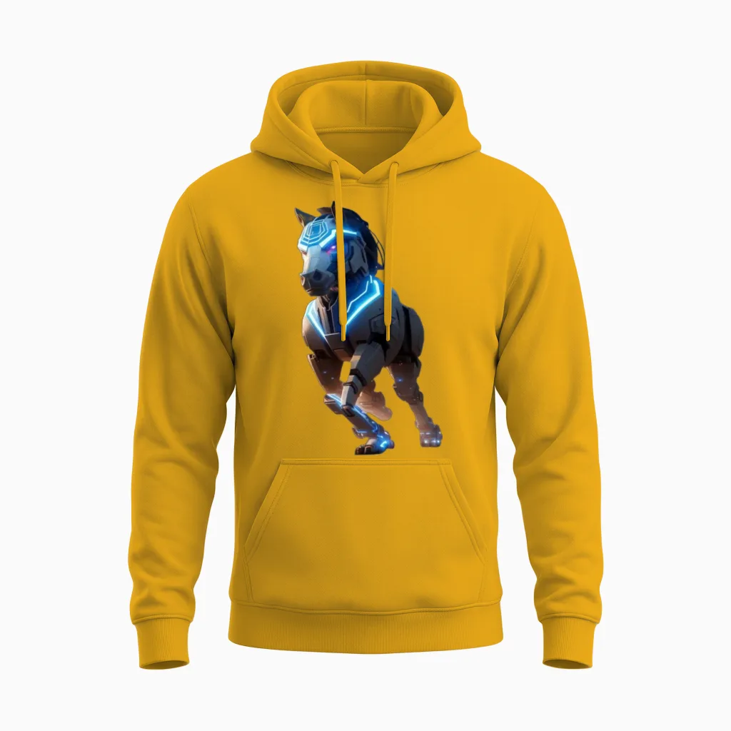 Mechanical Horse in Running Pose Digital Art Unisex Hoodie in Gold