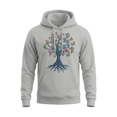 Autism Awareness Tree Puzzles Embrodery Effect Unisex Hoodie - Ash