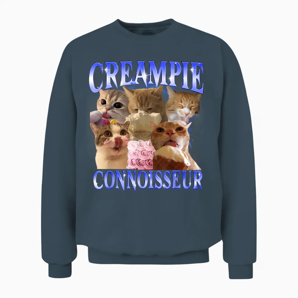Creampie Connoisseur Raunchy Funny Cat Meme T-Shirt, Black, S Unisex Sweatshirt in Dark Heather