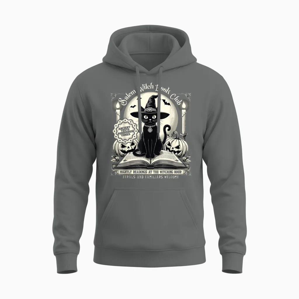 Salem Witch Book Club Vintage Halloween Cat Noir Book Lover Unisex Hoodie in Graphite Heather