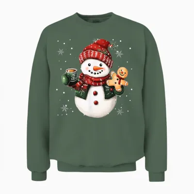 Snowman Beanie Coffee Latte Ginggerbread Merry Christmas Unisex Sweatshirt - Military Green