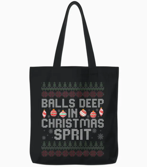 Balls Deep in the Christmas Spirit Matching Couples Ugly Tote Bags in Black