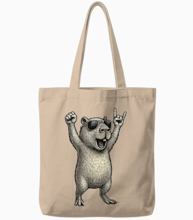 Capybara Racoon Hard Rock Heavy Metal Capybara Tote Bags in Natural