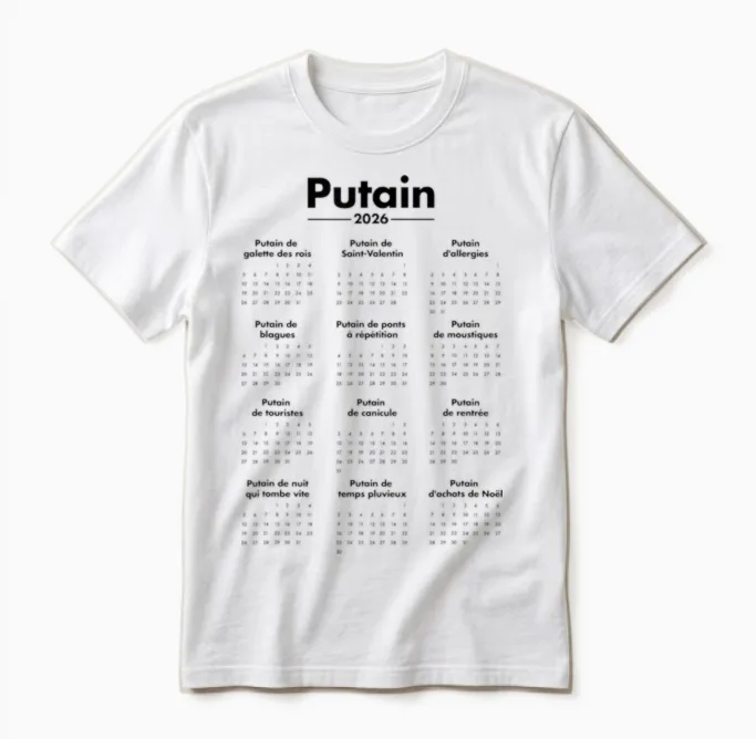 Putain 2026 โ Calendrier Humour Jeux De Mots Unisex T-Shirt in White