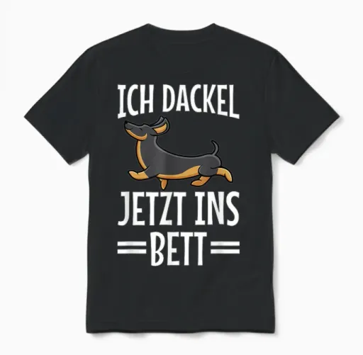 T-Shirt with German Text "ich Dachshund Jetzt Ins Bett Hund Müde Schlaf" Funny Sleep T-Shirt, Black Unisex T-Shirt in Black