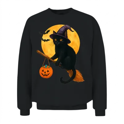 Cat Witch Hat Pumpkin Halloween Unisex Sweatshirt - Black